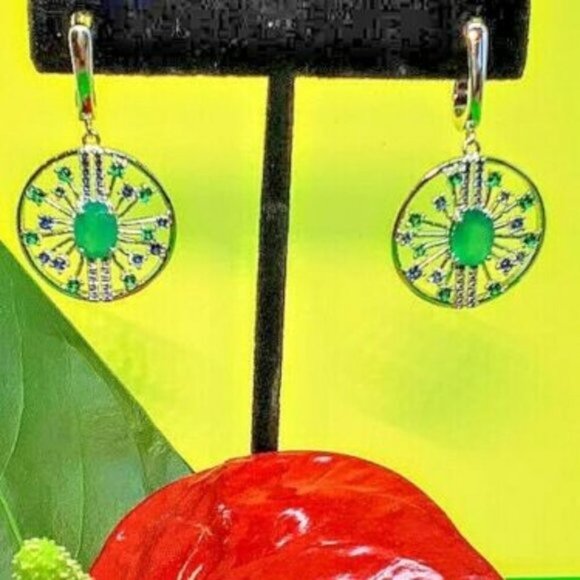 Natural Green Agate & CZ 925 Sterling Silver Round Earrings. - Picture 3 of 7